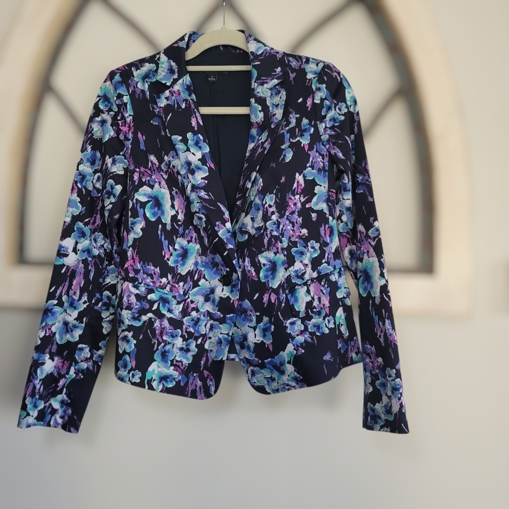 Ann Taylor Navy, Teal, Blue, Purple and Pink Watercolor Floral Blazer, Sz 2